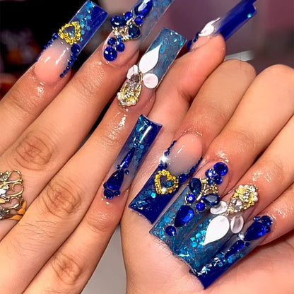 24Pcs Blue Long Coffin False Nails Star Heart with Rhinestones French Design Wearable Fake Nails Glitter Press on Nails Tips Art