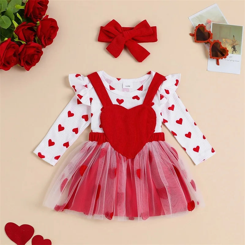 Toddler Baby Girl Valentine's Day Outfits Heart Print Long Sleeve Romper Suspender Skirts Headband 3Pcs Toddlers Spring Clothes