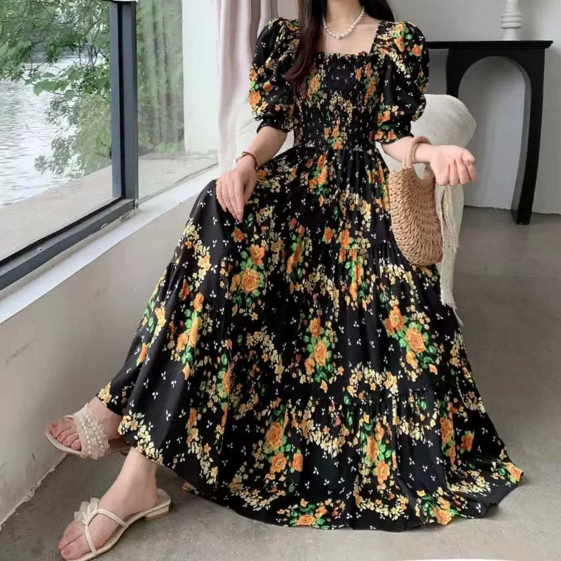 Korean Fashion Floral Print 2024 Party Dress Summer Short Puff Sleeve Vacation Women Long Dress Beach Vestidos