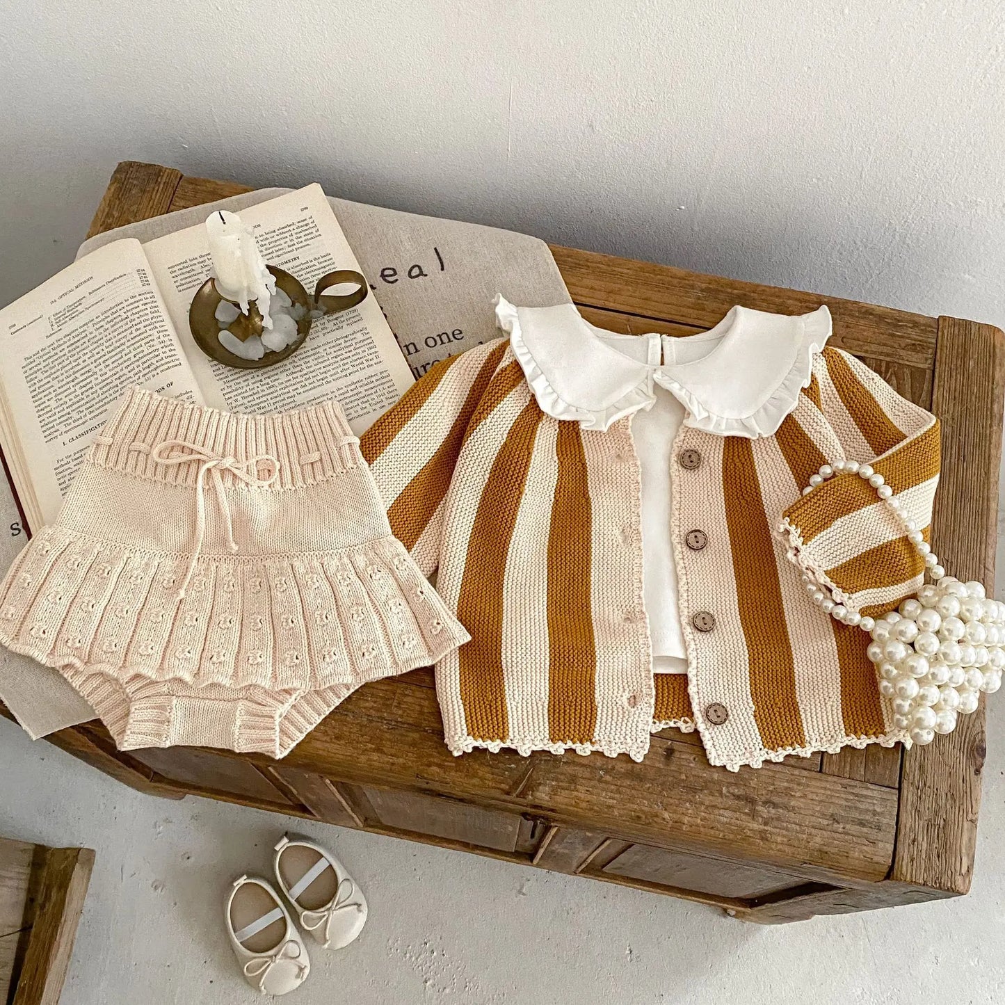 INS Spring and Autumn Fashion Net Red Infant and Toddler Girl Baby Foreigner Stripe Knitted Coat+Knitted Skirts Two Piece Set