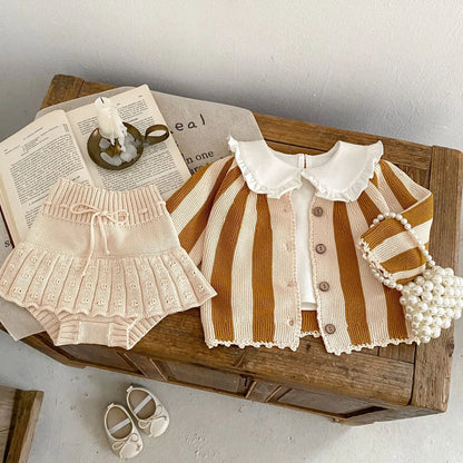 INS Spring and Autumn Fashion Net Red Infant and Toddler Girl Baby Foreigner Stripe Knitted Coat+Knitted Skirts Two Piece Set