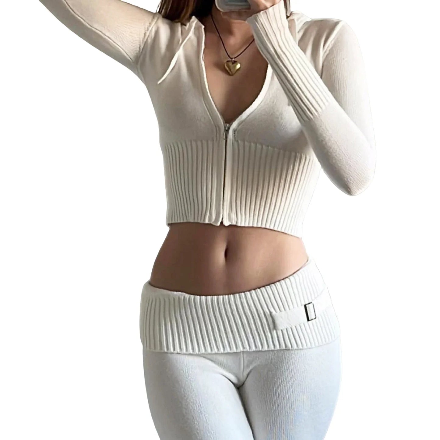 Fashion Women Ribbed Knit 2 Piece Outfits Long Sleeve Zipper-Up Slim Fit Hooded Crop Top Elastic Long Pants Set Y2K Tracksuits