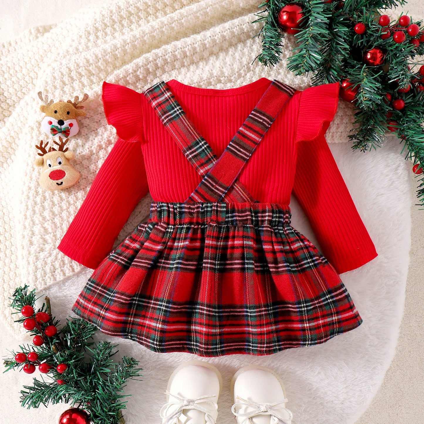 Autumn And Winter 0-1 Year Old Girl Baby Comfortable Santa Claus Long-Sleeved Red Spliced Green Plaid Skirt