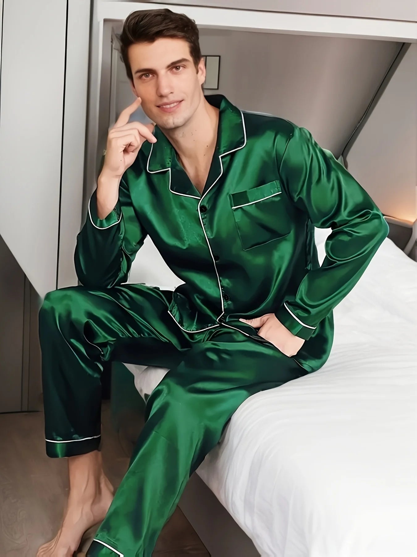 Men Pajama Sets Microfiber Sleepwear For Sleeping Man Shirt Silk Long Sleeve Pyjama Male Home Night Wear Plus Size Loungewear