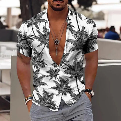Men Hawaiian Shirt Coconut Tree Print Aloha Shirt Collar Button Short Sleeve Male Clothes Beach Casual Vacation Blouse Tops