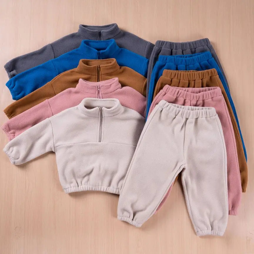 Fall and Winter New Children's Half-zipper Stand Collar Sets Elastic Cuffs Pants 2PCS Boys Girls Foreign Fashion Leisure Warm