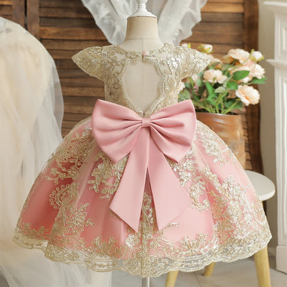 Embroidery Elegant Kids Princess Dresses for Girls Luxury Golden Lace Vintage Children Festival Party Gown Baby Baptism Vestidos