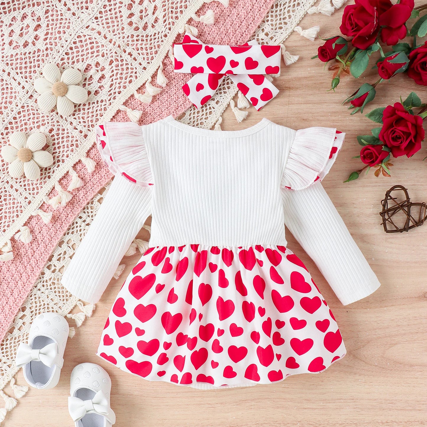 2PCS Autumn Girls Aged 0-1 Are Sweet And Cute, Double-Layer Flying Sleeves And Caring Skirts, Long-Sleeved Clothes + Hair Bands