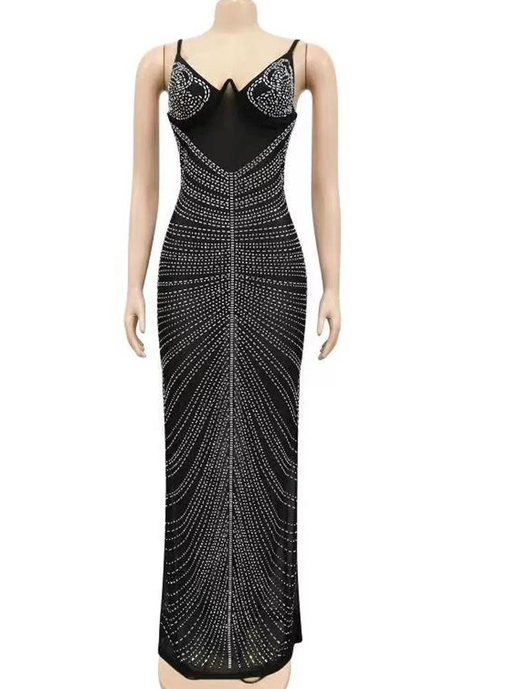 Beyprern Gorgeous Black Mesh Rhinestone Underwire Mermaid Gown Summer Women Sheer Mesh Crystal Party Dress Celebrities Outifts