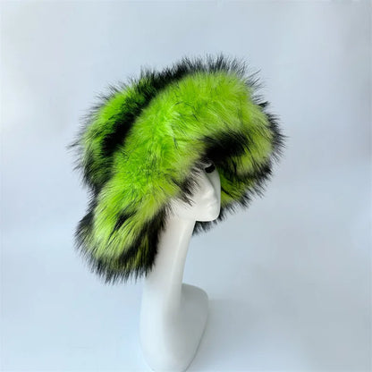 Fur bucket hat and bag set Women's warm plush autumn and winter hat Punk style imitation raccoon fur basin hat and handbag