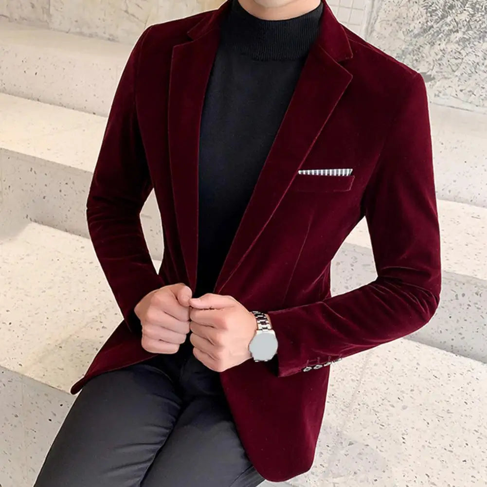 Spring Velvet Men Blazer Solid Color Temperament Suit Jacket Turndown Collar Long Sleeve Slim Fit Single Button Velvet Suit Coat