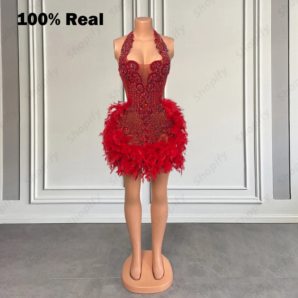 Luxury Rhinestone Black Girls Short Prom Dresses 2025 See Through Red Diamond Feathers Dress