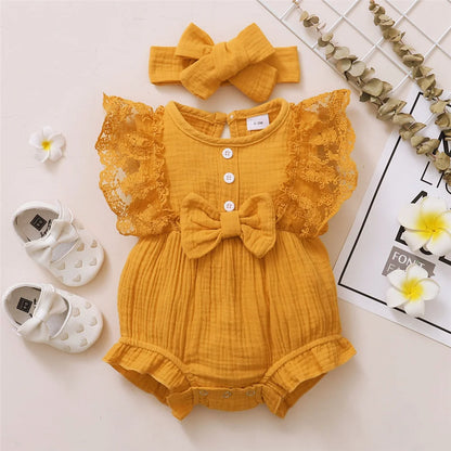 0-18 Months Old Newborn Solid Color Sleeveless Round Neck Lace Edge Bow Romper+Headband Baby Girl Summer New Casual Jumpsuit