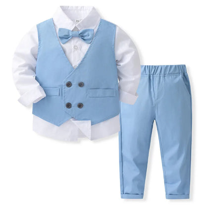 Baby Boy Formal Suit Gentleman Clothes Sets Autumn Children Birthday Wedding Party Dress Suit Sets Bowtie Shirt+Vest+Trouser Set