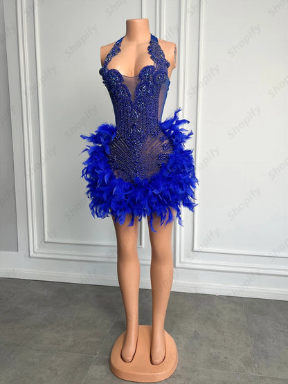 Luxury Rhinestone Black Girls Short Prom Dresses 2025 See Through Red Diamond Feathers Dress