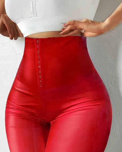 2024 Xiamen Girls' New Hook Up Liquid Gloss Sauna Sweat Pu Leather High Waisted Tight Pants In Stock