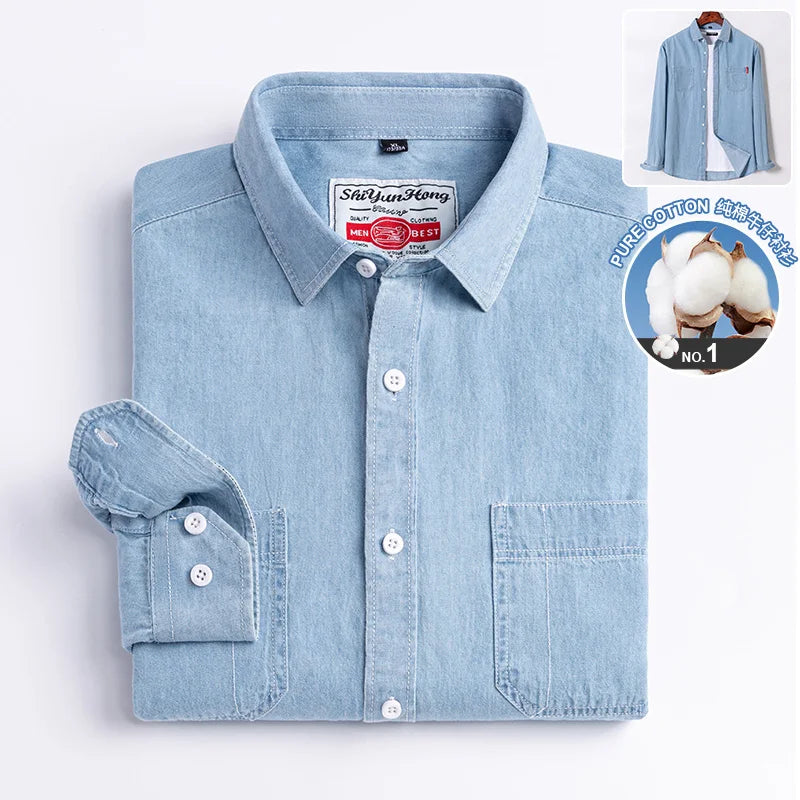 New in shirt Fahion jean shirts for men longsleeve 100%Cotton Casual shirt cowboy single pocket top social korean trends clothes