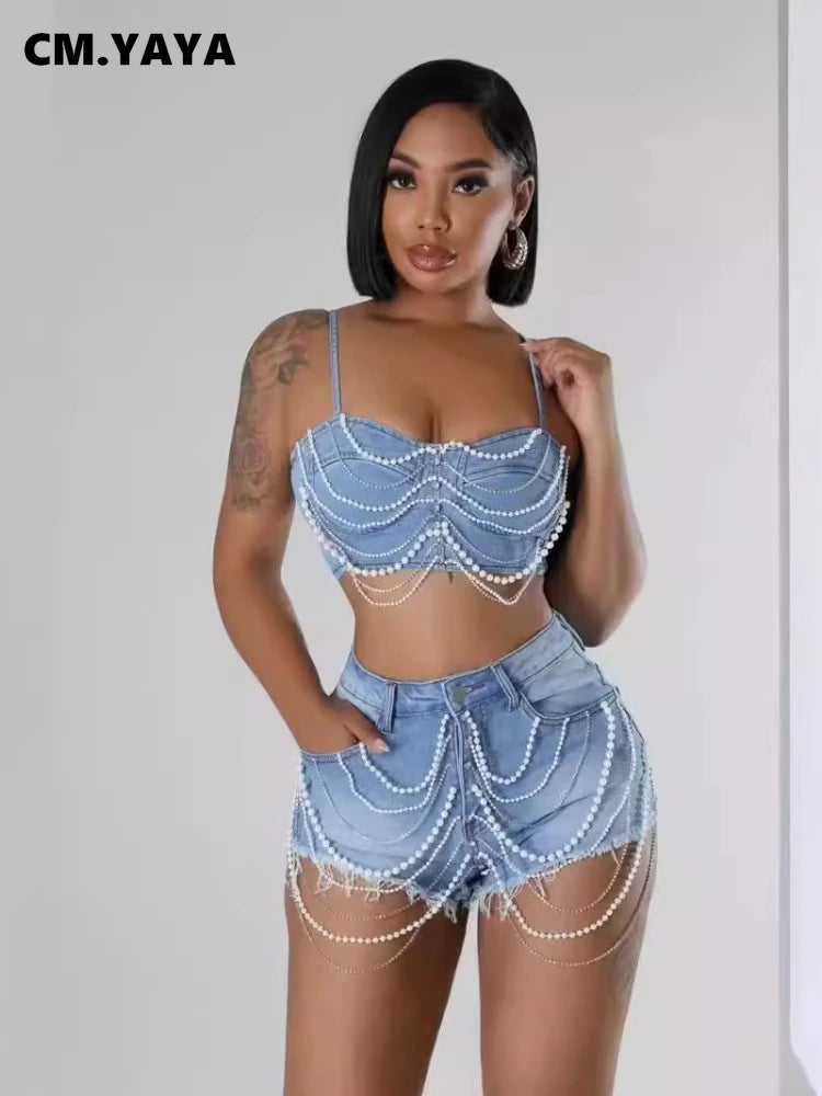 Women Set Denim Strapless Pearl Beading Top + shorts Sets Street Casual Sexy Party Outfit 2025 Summer