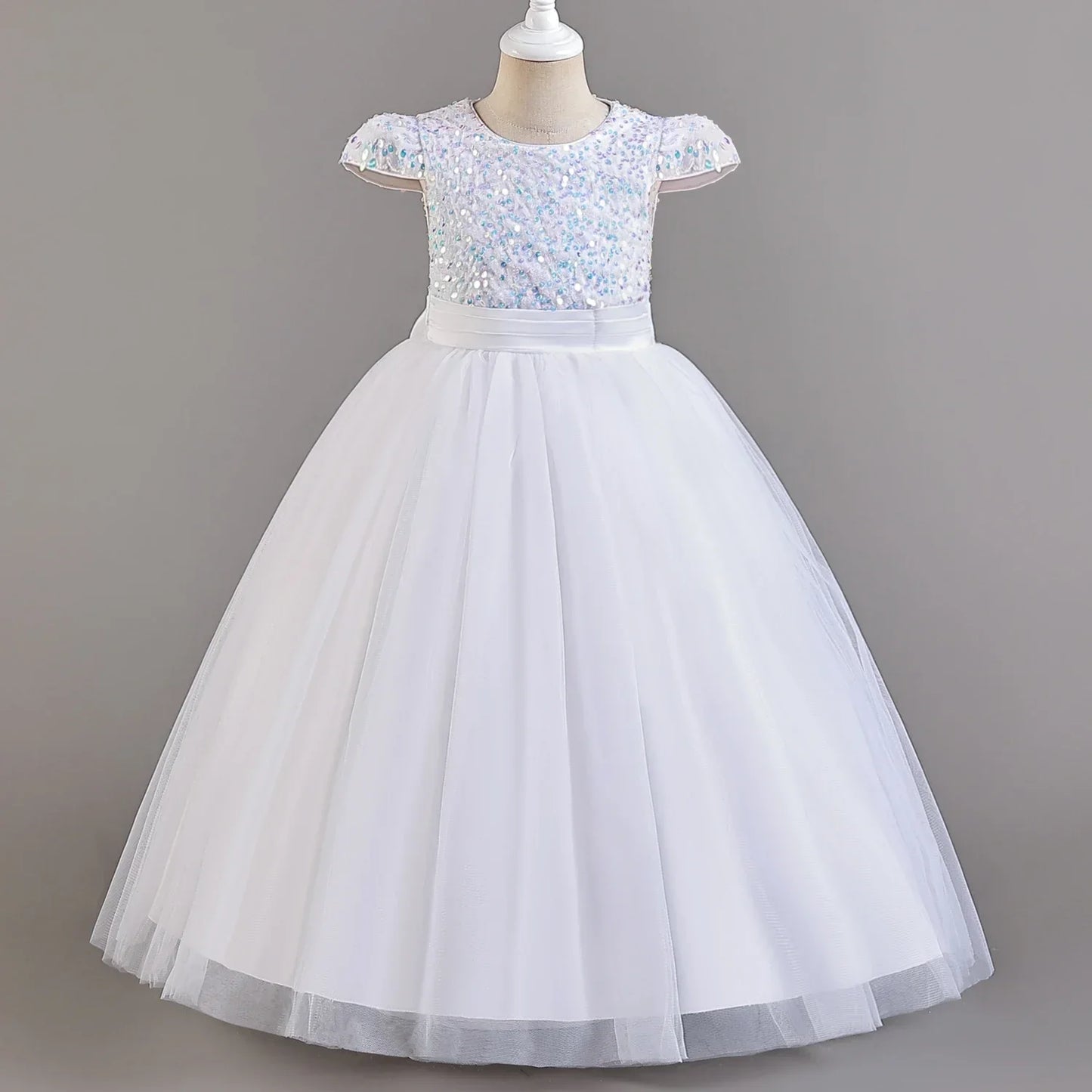 Puffy Girls Party Dress Elegant Kids Wedding Gala Prom Gown Sequin Bow