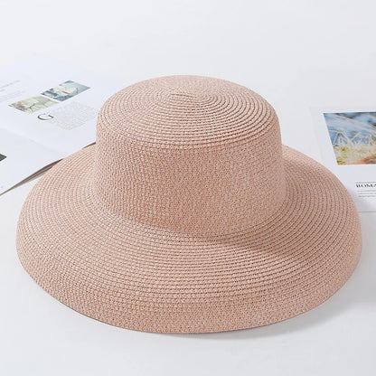 2024 New Summer Sun Hats Ladies Solid Plain Elegant Wide Brim Hat Female Round Top Panama Floppy Straw Beach Hat Women лето