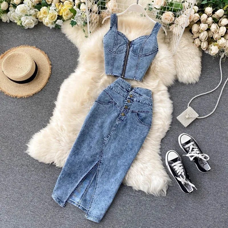 denim 2 piece set women korean outfits summer top and skirt two piece set Sexy elegant 2025 fashion midi skirt new in matching