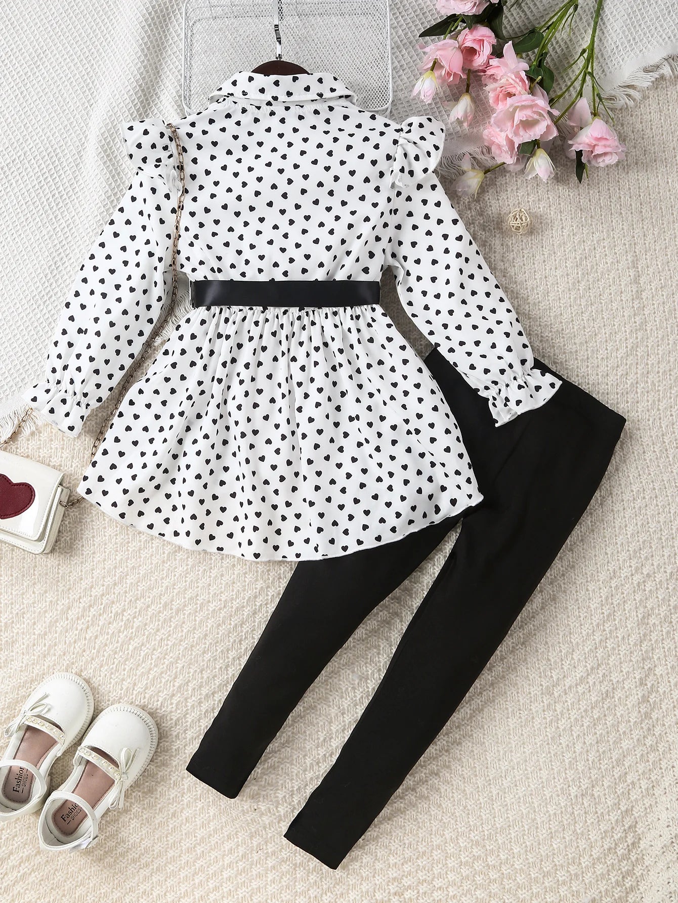 Girls Are Suitable for Spring & Fall, Elegant and Ladylike Polka-Dot Front-Breasted Umbrella-Shaped Hem, Long Shirt Top + Tights + Belt Three-Piece Set