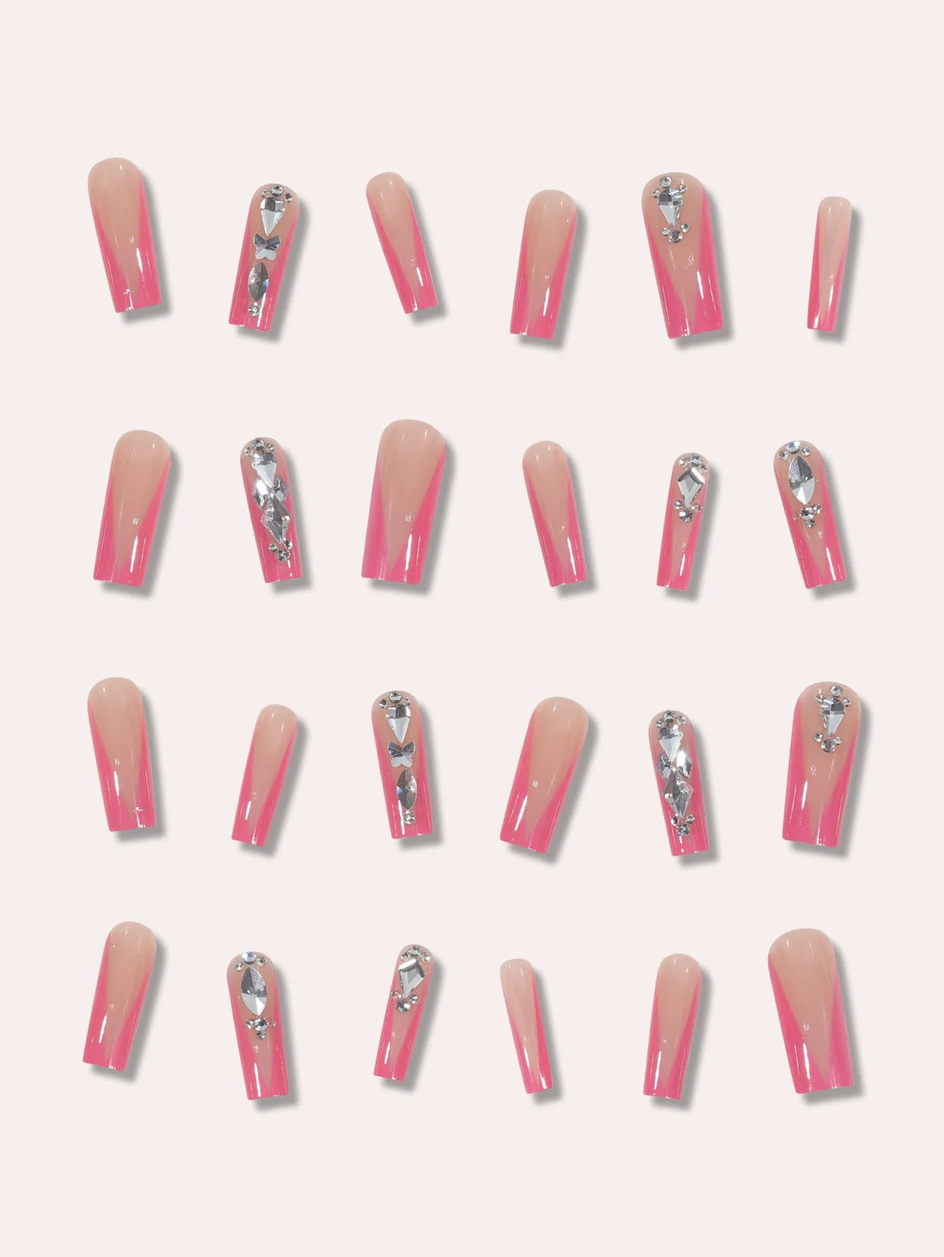 Enhance your charm with 24 pieces of long coffins, pink French patterns, 3D butterfly dots, diamond false nails