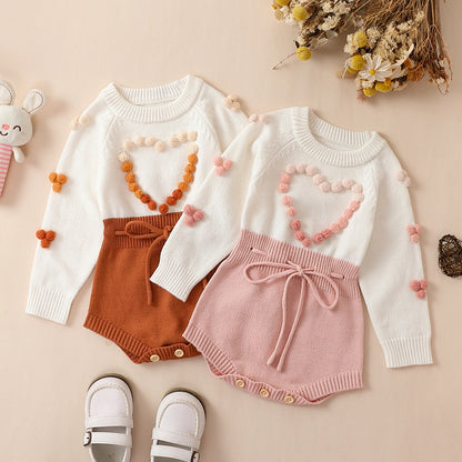 Newborn Baby Girls Sweater Romper Autumn Winter Knit Clothes Long Sleeve Contrast Color Heart Crotch Button Bodysuit For Toddler