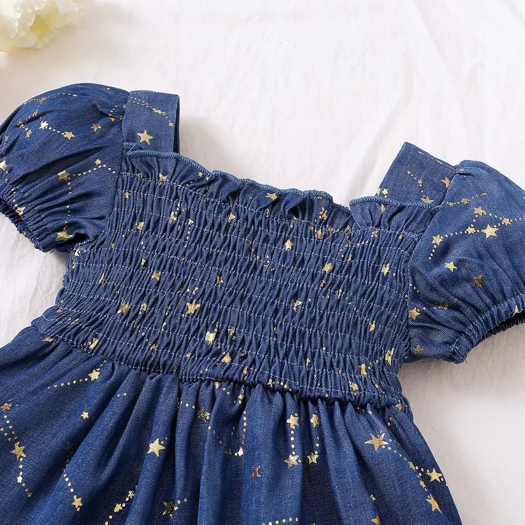 Baby Girl Summer Dress Golden Star Pattern Puff Sleeve Blue Princess Dress Fashion Party Dress for Kids Girl 3-24 Months