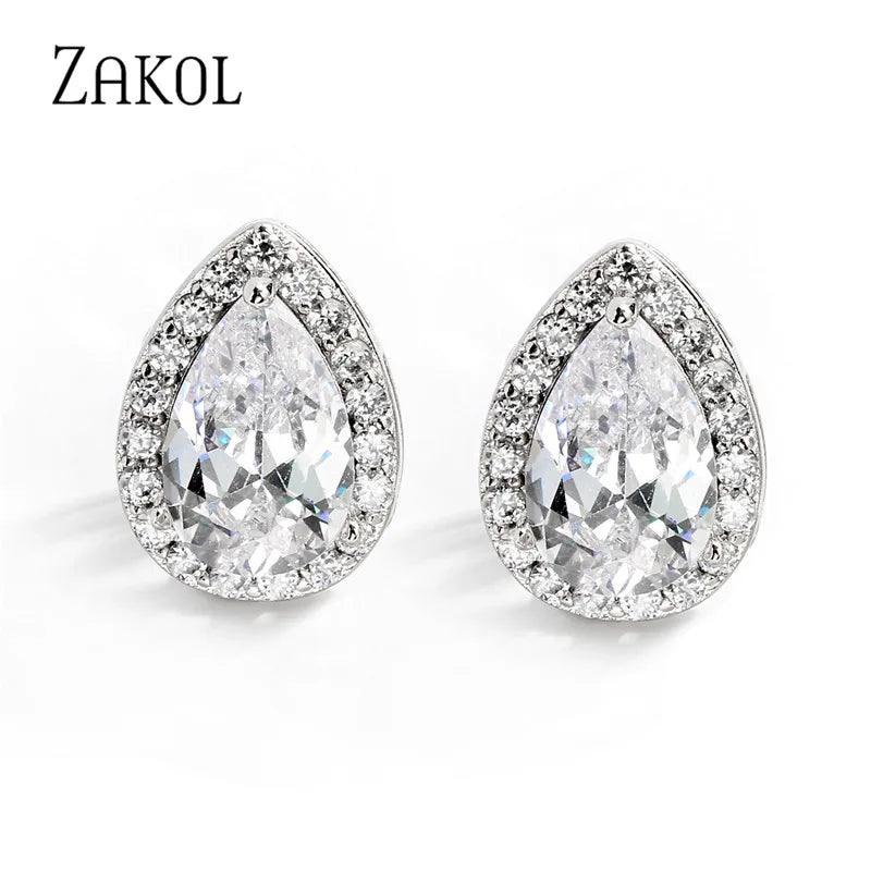 ZAKOL Classic Water Drop Cubic Zircon Stud Earrings for Women Fashion Teardrop Crystal Bridal Wedding Party Jewelry Aretes