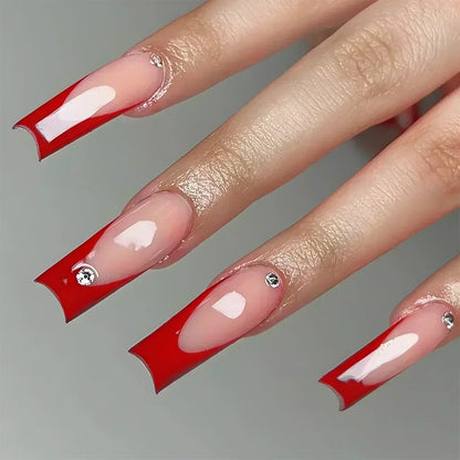 24Pcs Square False Nails with Glue Wearable Red Long Coffin Fake Nails Rhinestone Design Ballet Full Cover Press on Nails Tips