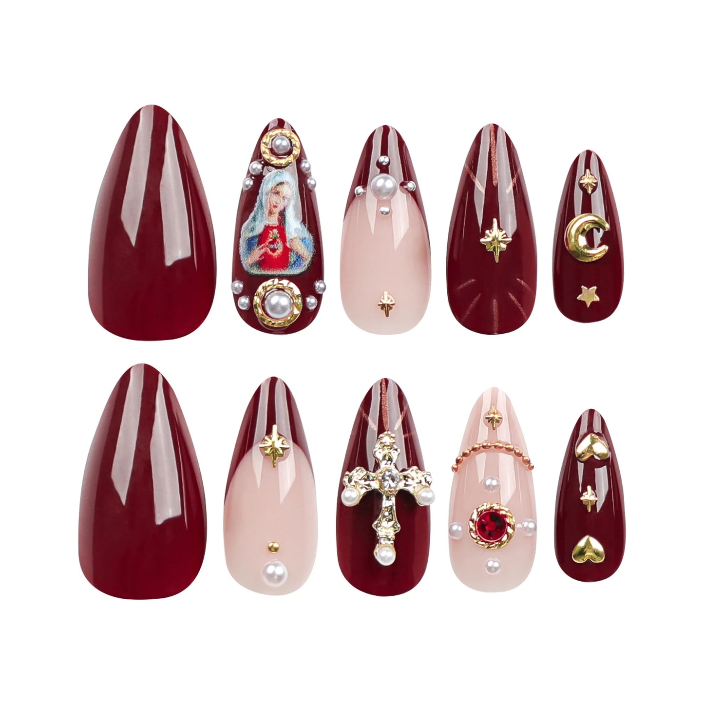 2024 New Ramadan Style False Nails with Gold Moon Star Design Almond Red French Fake Nail Patch Full Cover Detachable Manicure