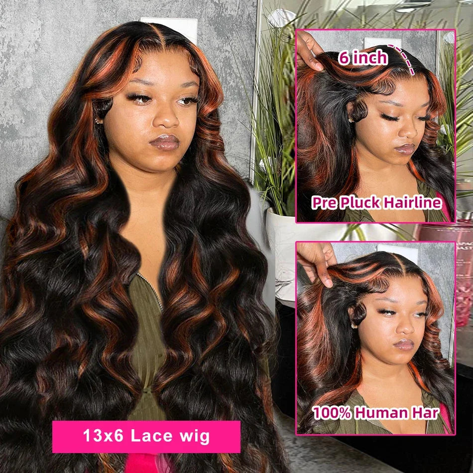 1B/30 Black Brown Body Wave Wigs 13x6 HD Lace Frontal Wigs Ombre