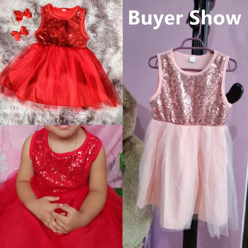 Baby Girls' Red Children's Sequin Sleeveless Mesh Princess Dress Causal Clothing for 2-6Y