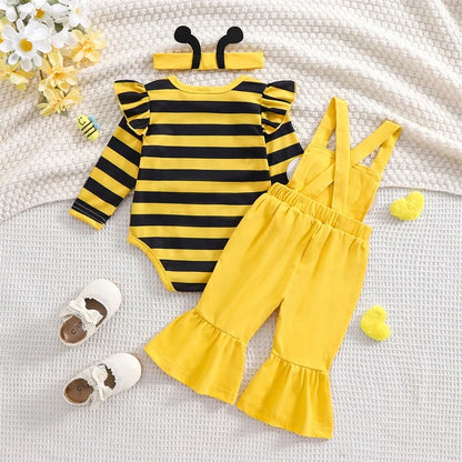 Cute Baby Girls 3 Pieces Sets Striped Long Sleeve Romper Bee Patch Long Flare Overalls Hair Band Outfits Costume