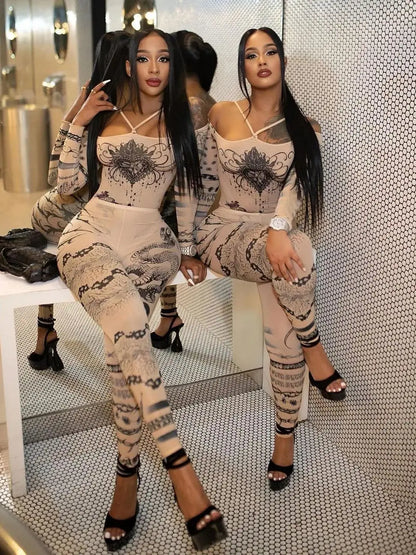 Weird Puss Sexy See Through Women 2 Piece Set Fashion Heart Print Slash Neck Bodysuit+Leggings Matching Midnight Clubwear Suit