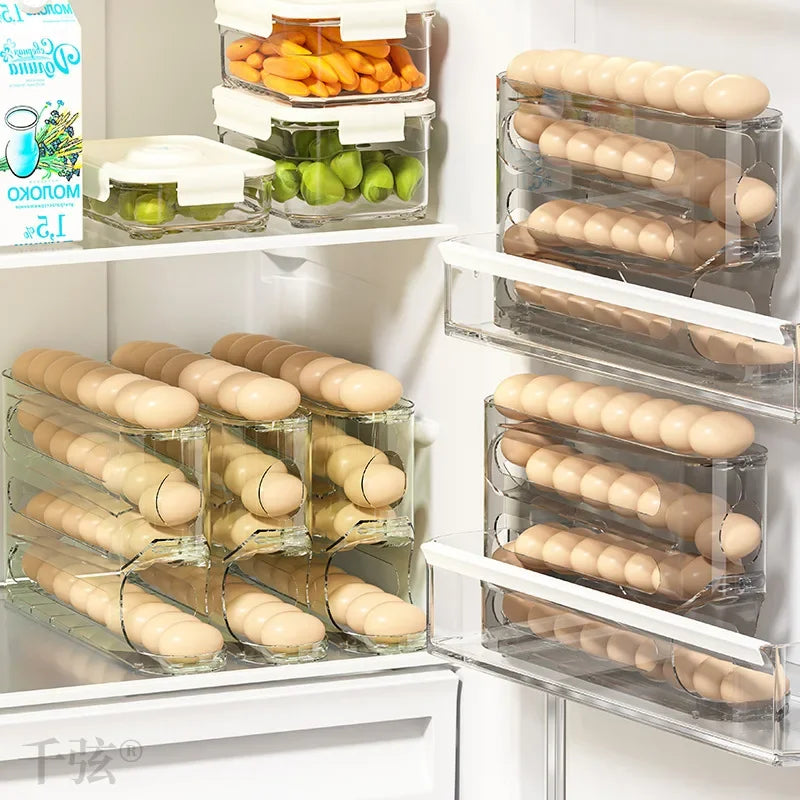 Transparent slide egg storage box 4-layer ladder egg box storage refrigerator side door large capacity automatic egg roller