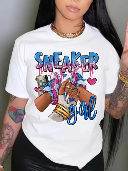 Sneaker Girl Graphic Print T-shirt Casual Short Sleeve Crew Neck Top Women's Clothing Woman Shirt Kawaii Tee Shirt