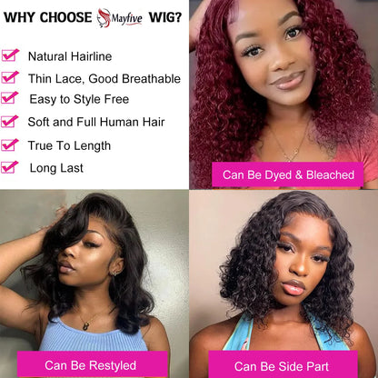 100% Brazilian Human Hair Wigs Deep Curly Bob Wig Natural Black Color Deep Wave HD Lace Front 13x4 Transparent Lace Wigs