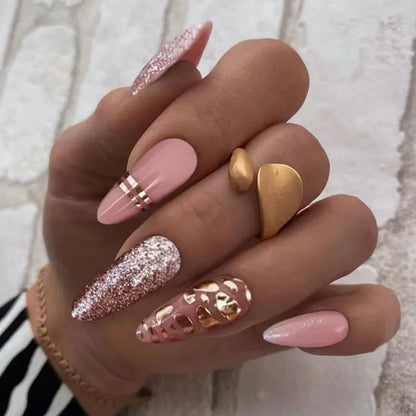 24Pcs Mid-length False Nails with Almond Head Design Brown Gold Lines Fake Nails Oval Wearable French Press on Nail Tips