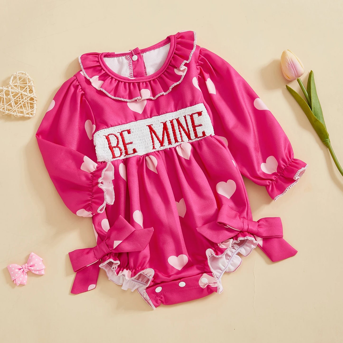 FOCUSNORM 0-24M Lovely Baby Girls Valentine’s Day Romper Long Sleeve Doll Collar Letter Embroidery Heart Print Bow Jumpsuits