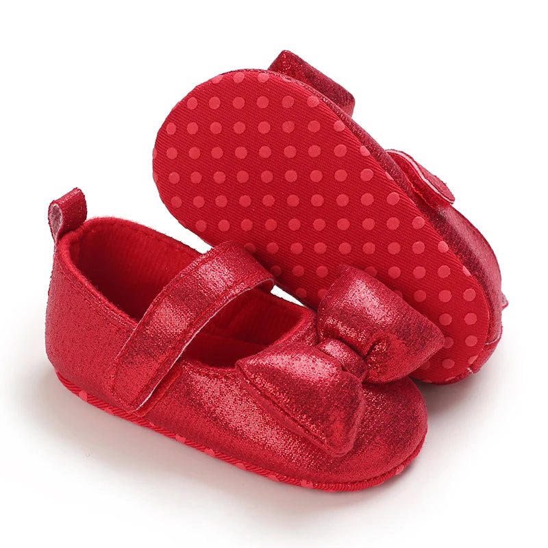 Newborn Baby Shoes Baby Girl Shoes Girl Classic Red Bowknot Rubber Sole Anti-slip PU Dress Shoes First Walker Toddler Crib Shoes