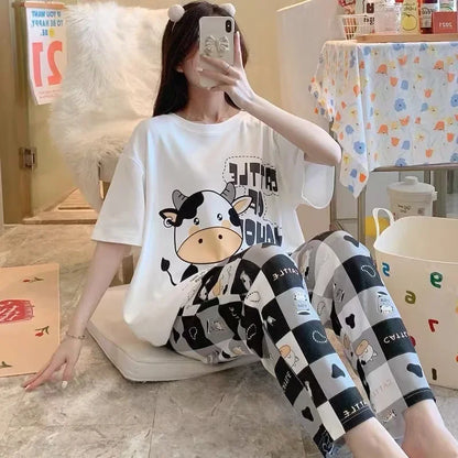 Women’s Pajamas Set Korean Version of the Autumn and Winter Cartoon Bear Christmas Sleepwear Long Sleeve Trousers 2 Piece Set