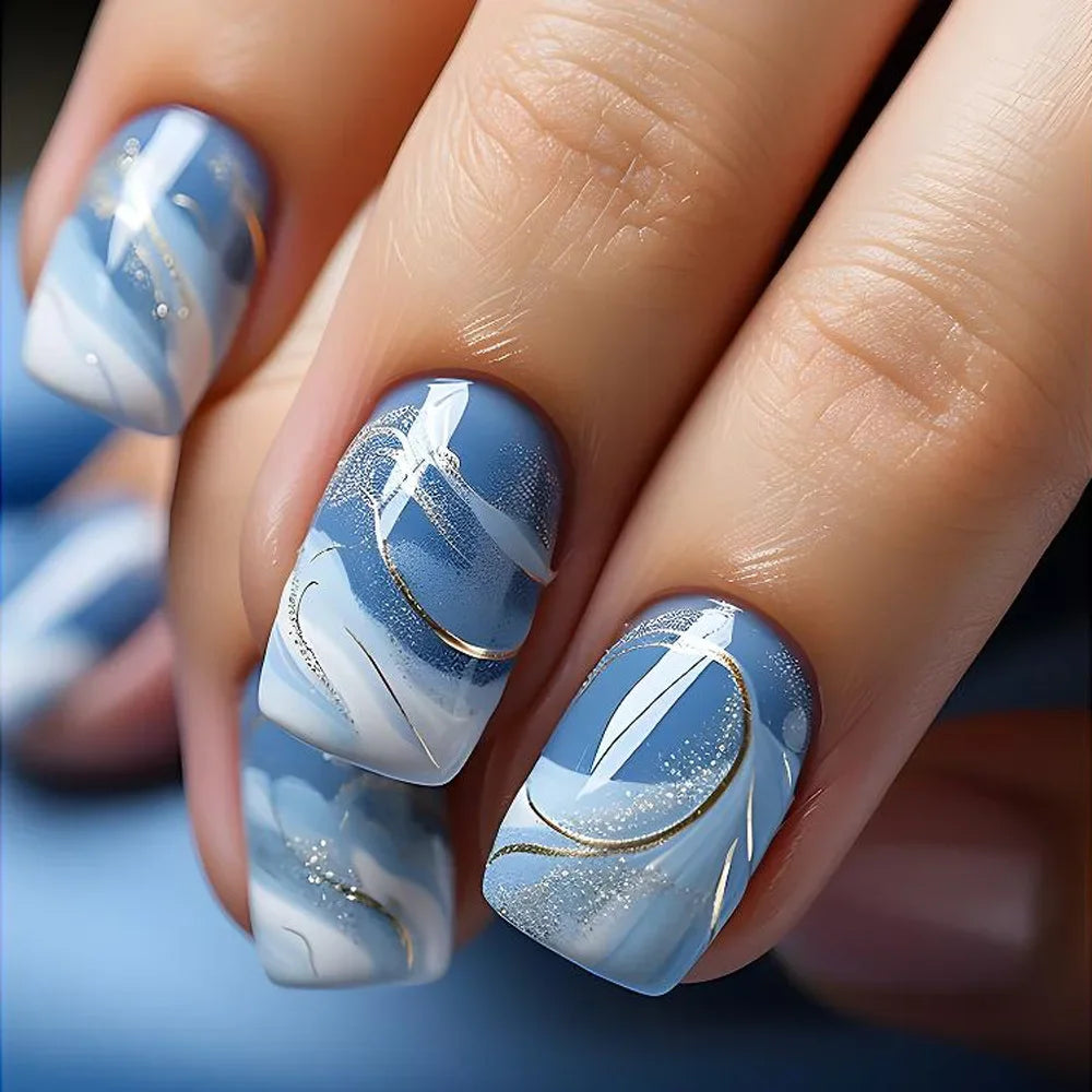 24Pcs Sweet Cool Press on Nails Short Square False Nail Gradient Glitter Line Fake Nails Full Cover Glossy Acrylic Manicure Nail