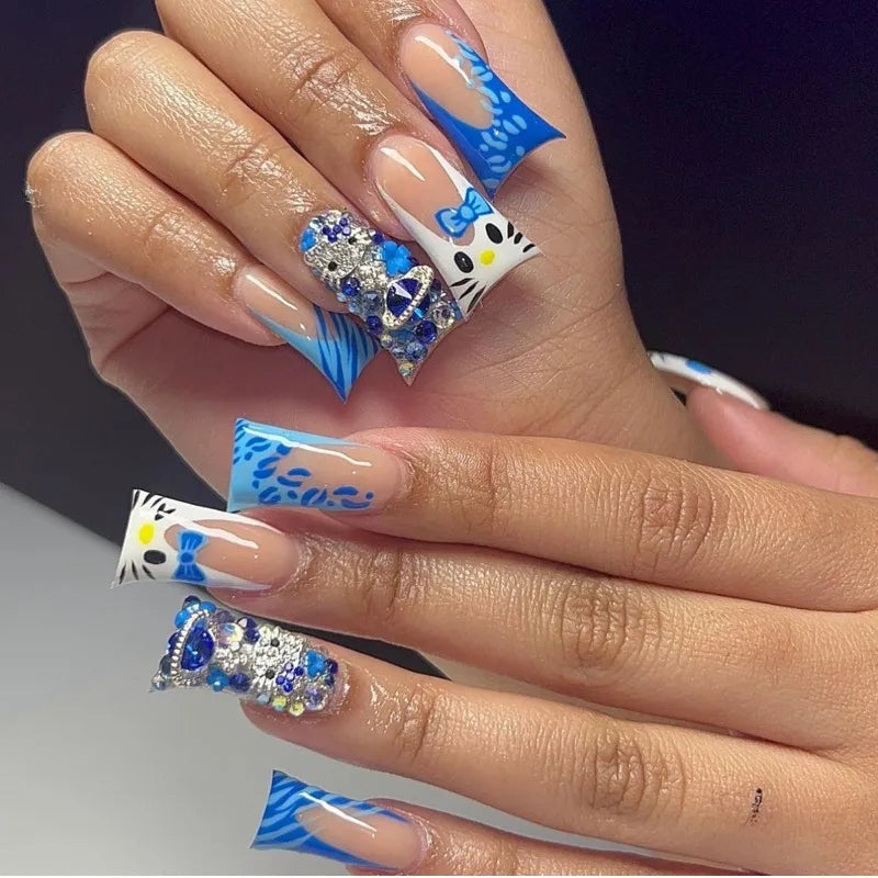 Y2K duck Press on Nails 24pcs Cute Hellokitty Design Fake Nail Blue Rhinestone Decor Acrylic French Nail Tips Party Gift