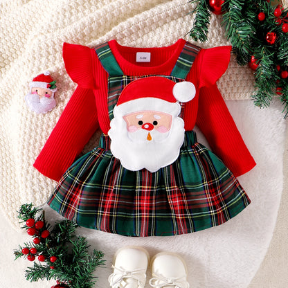 Autumn And Winter 0-1 Year Old Girl Baby Comfortable Santa Claus Long-Sleeved Red Spliced Green Plaid Skirt