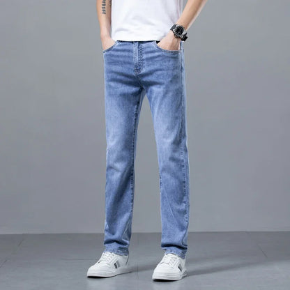 Spring Summer New Business Jeans Blue and Gray for Men Stretch Straight Comfortable Casual Denim Long Pants Classic Style Male