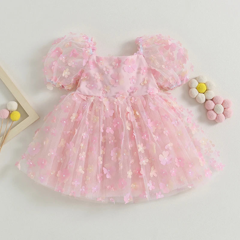 Toddler Baby Girls A-line Dress Princess Lovely Flower Decor Short Puff Sleeve Bowknot Dress Summer Children Pageant Party Dress