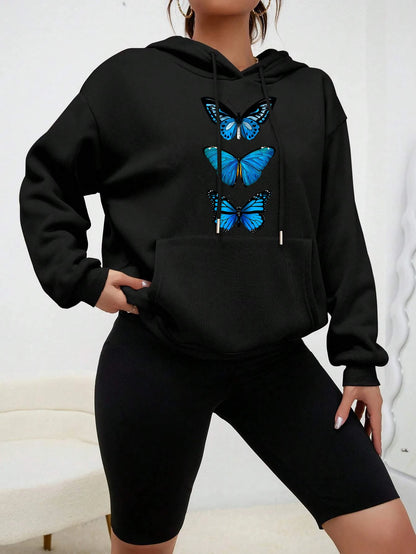 Creative Butterfly Design Print Women Hoodie New Street Casual Sweatshirt Fashion Fleece Hoody Pocket Comfortable Female Tops