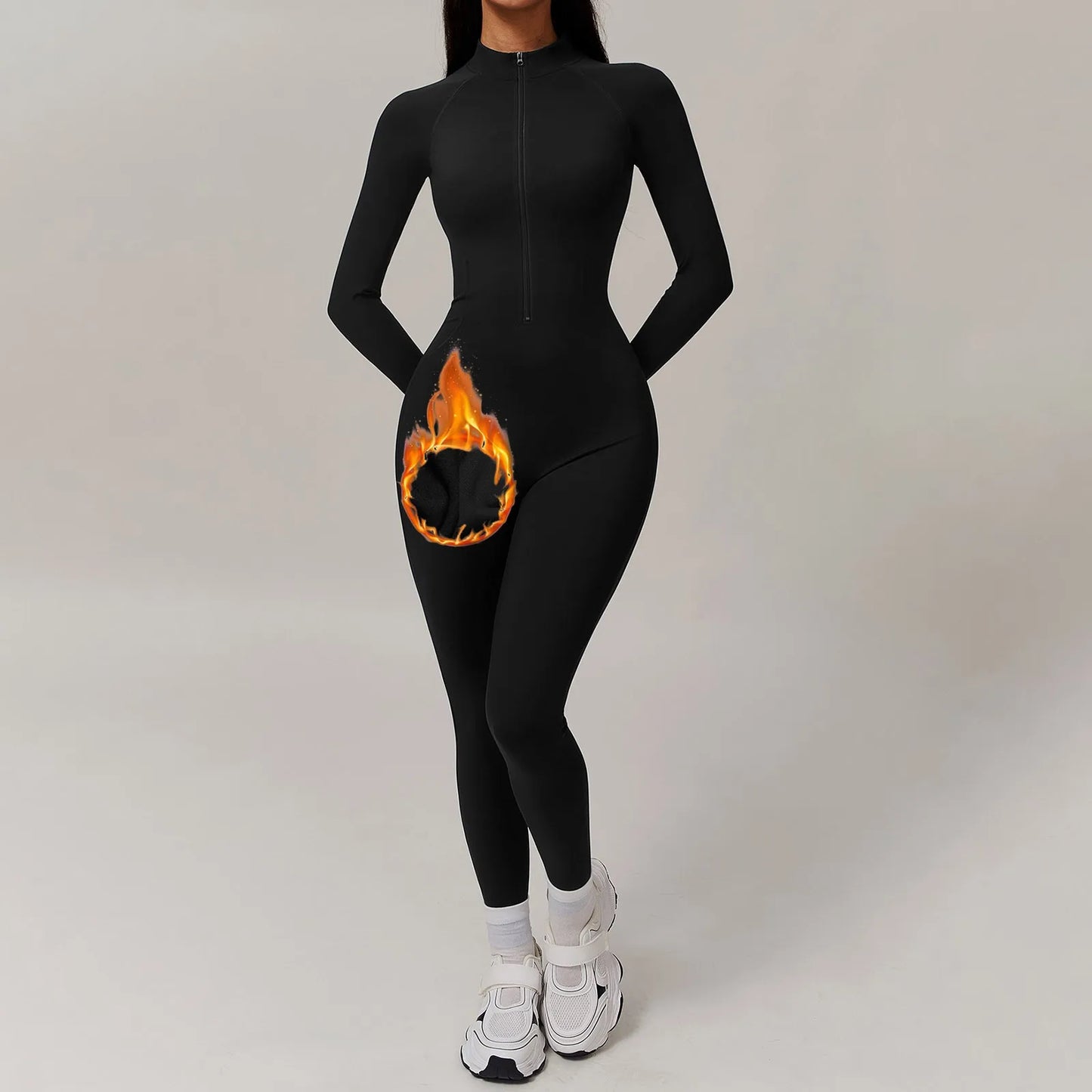 Fleece Lined Warm One-Piece Women Slim Jumpsuit Solid Color Long Sleeve Stand Collar Zipper Bodysuit Stretch Sport Yoga Cothing